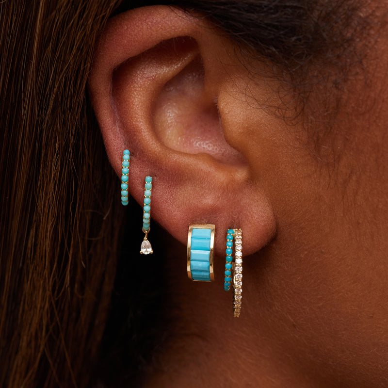 Small Double 4-Prong Diamond and Turquoise Hoops