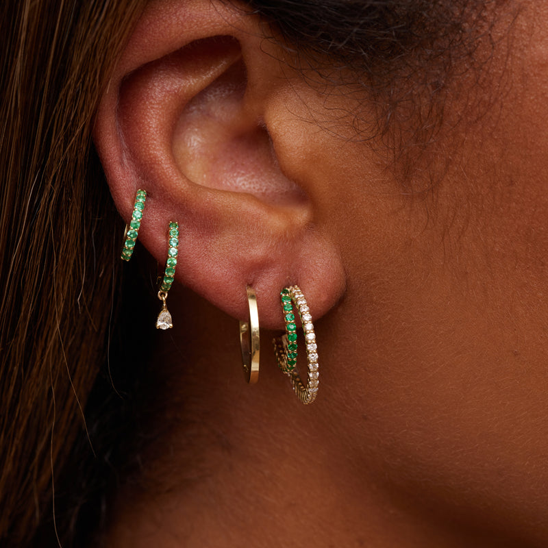 Emerald Huggies With Pear-Cut Diamond Drop