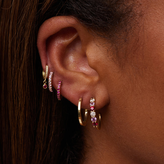 Small 4-Prong Diamond, Pink Sapphire, and Ruby Hoops
