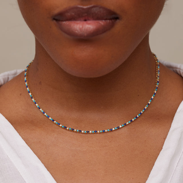 4-Prong Diamond, Turquoise, and Lapis Tennis Necklace