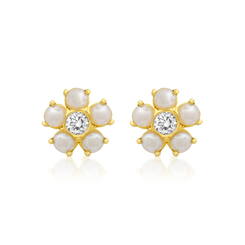 Large Pearl Flower Studs with Diamond Center