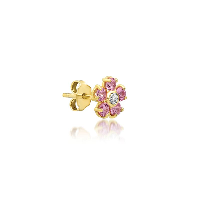 Single Large Pink Sapphire Flower Stud with Diamond Center