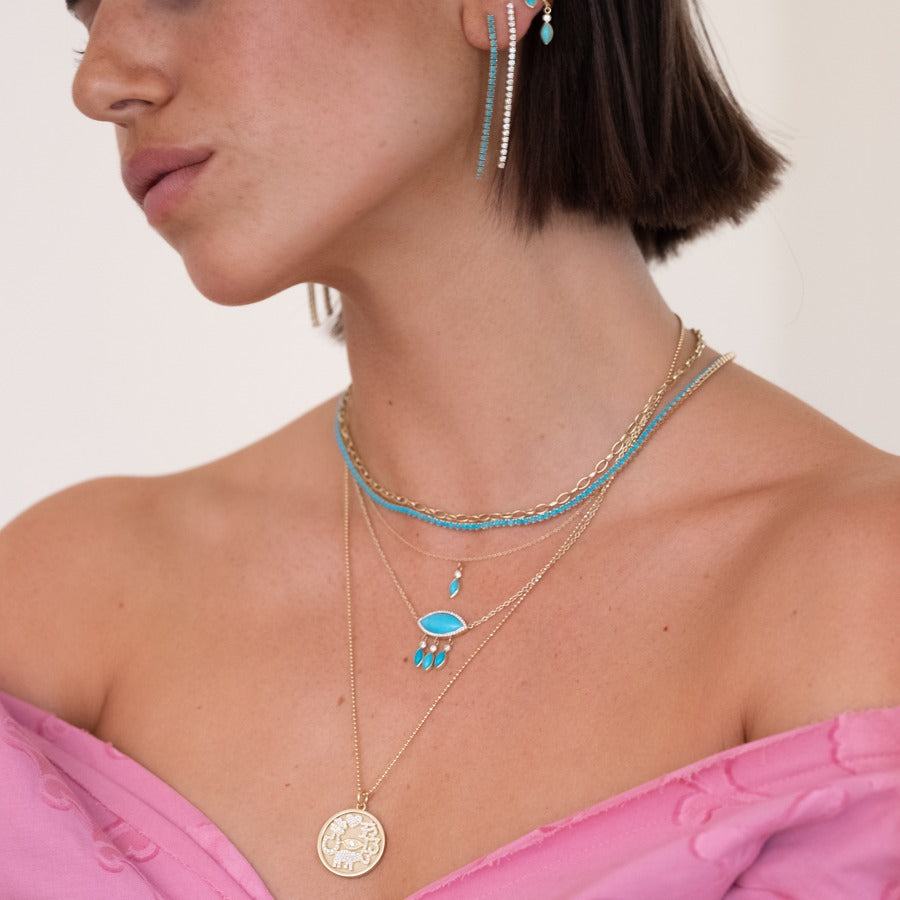 Large Turquoise Marquise Necklace with Diamonds and Turquoise Fringe
