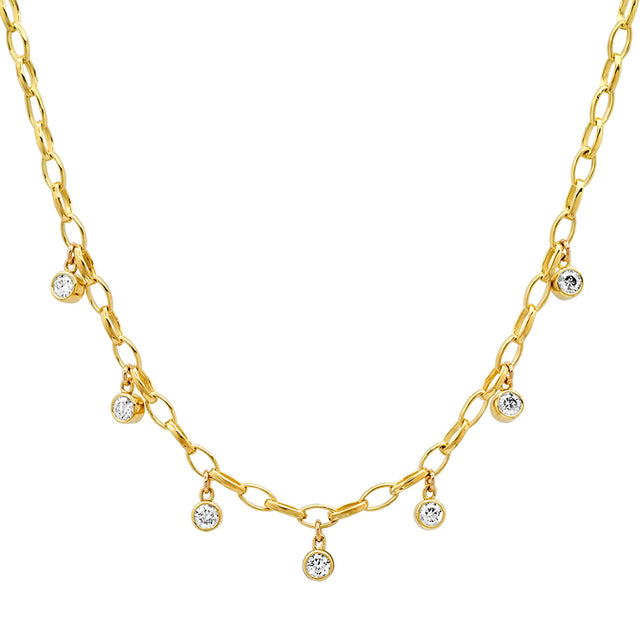 Small Edith Link Necklace with 7 Diamond Bezel Dangle