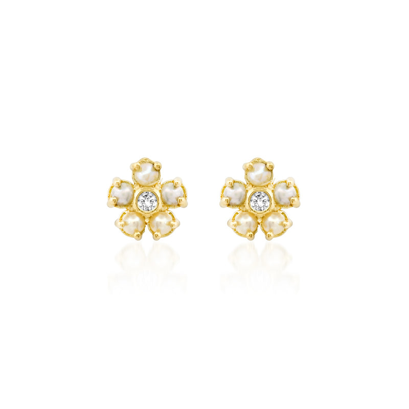 Pearl Flower Studs with Diamond Center