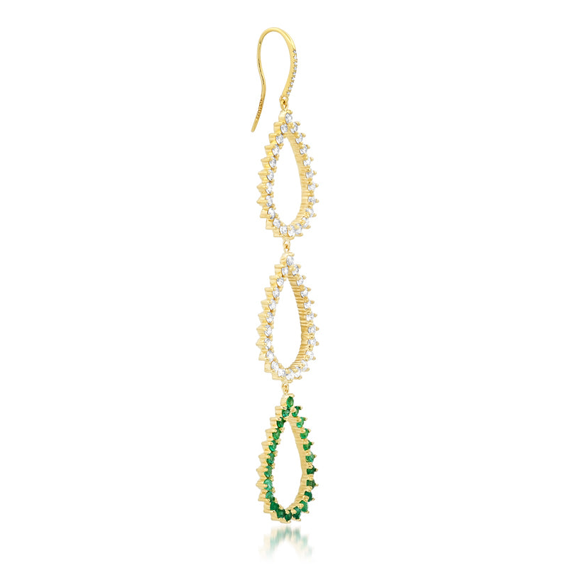 Triple 3-Prong Diamond and Emerald Open Teardrop Earrings