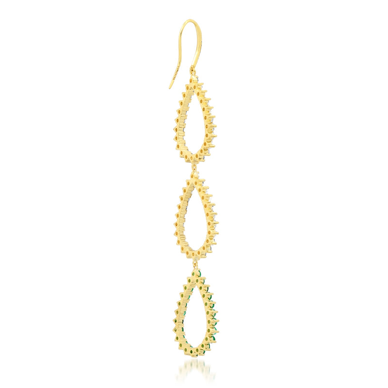 Triple 3-Prong Diamond and Emerald Open Teardrop Earrings