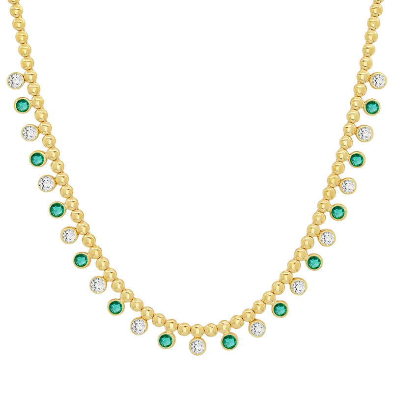 Mini Bezel Tennis Necklace with 1/3 Diamond and Emerald Bezel Accents