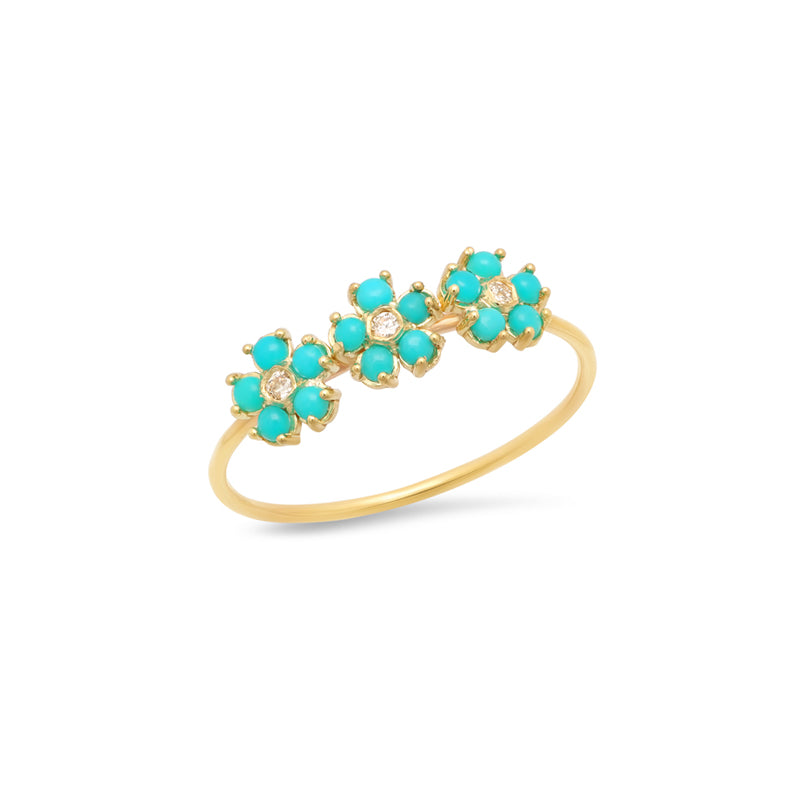 Turquoise 3 Flower Ring with Diamond Center