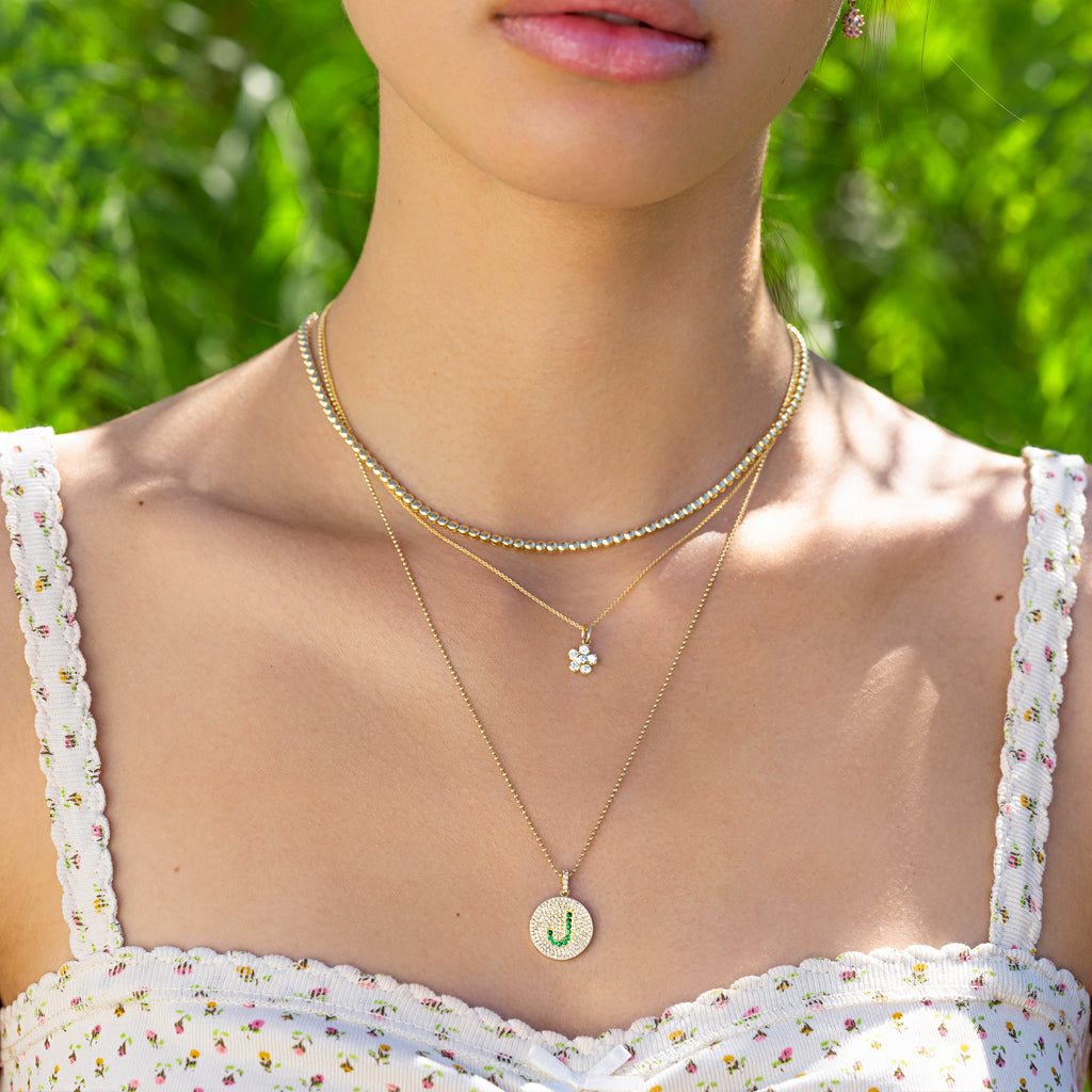 Diamond Disc with Emerald Letter Necklace for Women Jennifer Meyer