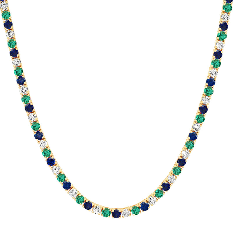 Large 4-Prong Diamond, Emerald, and Sapphire Tennis Necklace