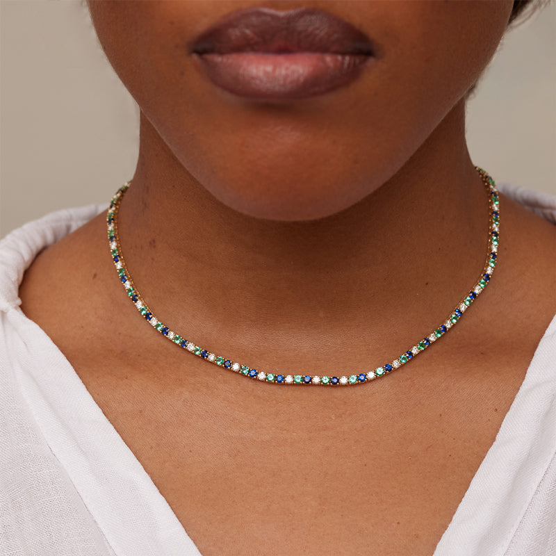 Large 4-Prong Diamond, Emerald, and Sapphire Tennis Necklace for Women |  Jennifer Meyer