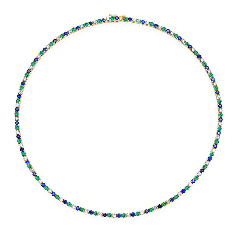 Large 4-Prong Diamond, Emerald, and Sapphire Tennis Necklace