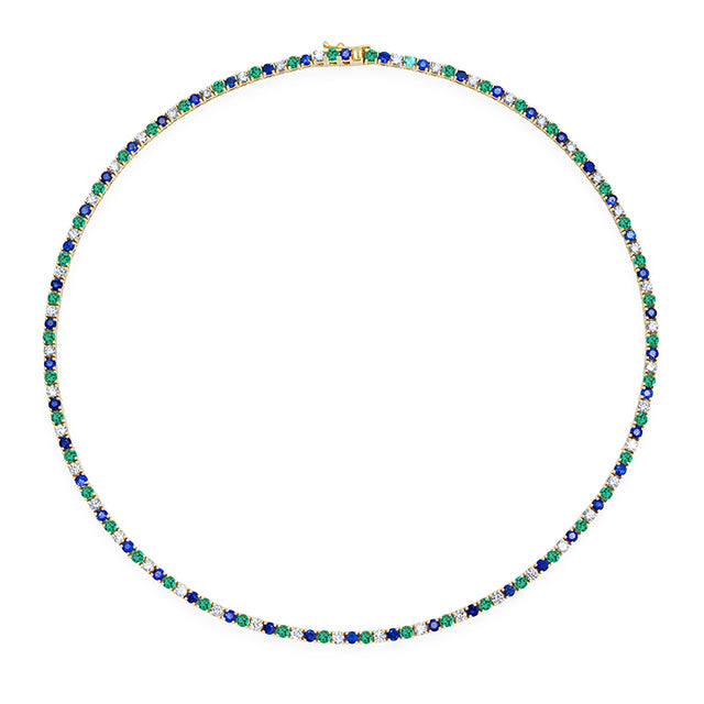 Large 4-Prong Diamond, Emerald, and Sapphire Tennis Necklace