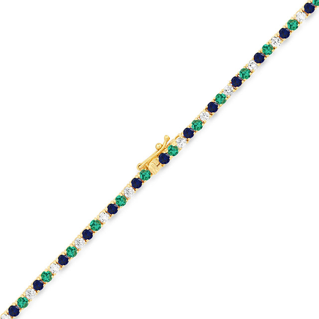 Large 4-Prong Diamond, Emerald, and Sapphire Tennis Necklace