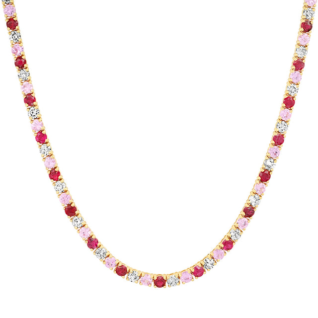 Large 4-Prong Diamond, Pink Sapphire, and Ruby Tennis Necklace