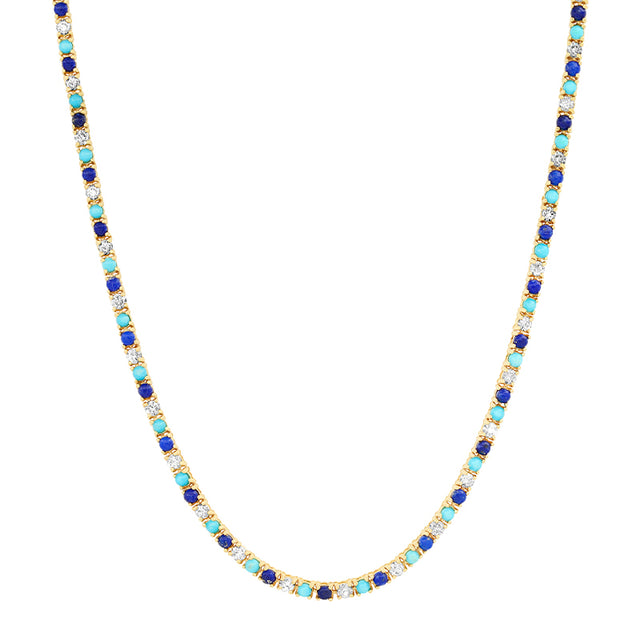 4-Prong Diamond, Turquoise, and Lapis Tennis Necklace
