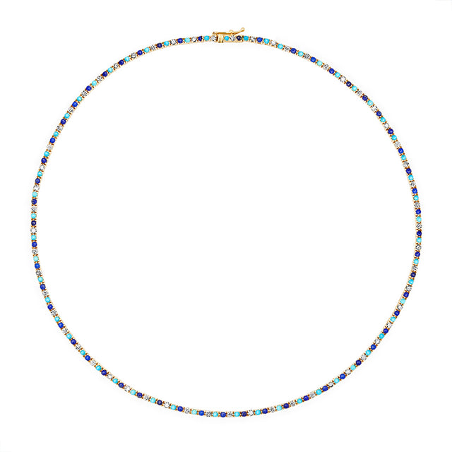 4-Prong Diamond, Turquoise, and Lapis Tennis Necklace