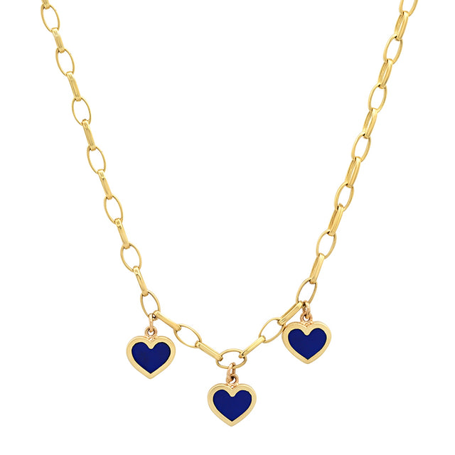 Small Edith Link Necklace with 3 Lapis Inlay Heart Drops
