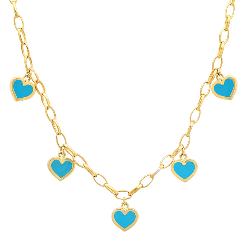 Small Edith Link Necklace with 5 Turquoise Inlay Heart Drops