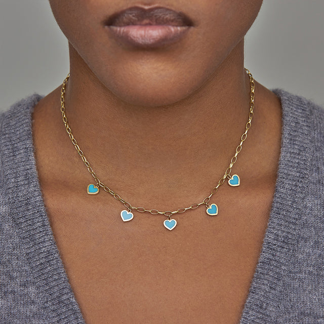 Small Edith Link Necklace with 5 Turquoise Inlay Heart Drops