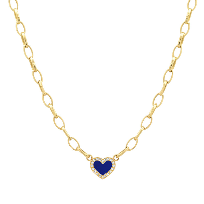 Small Edith Link Necklace with Lapis Inlay Heart with Diamonds