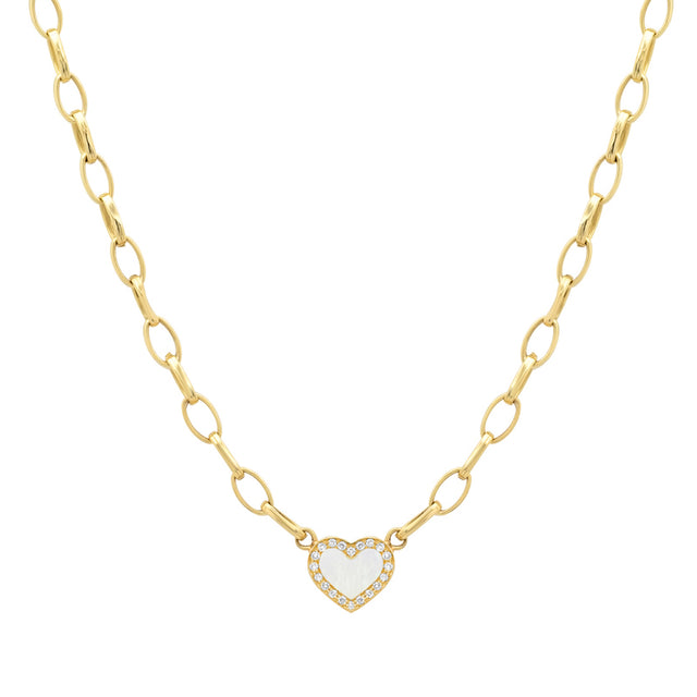 Small Edith Link Necklace with Mother of Pearl Inlay Heart with Diamonds