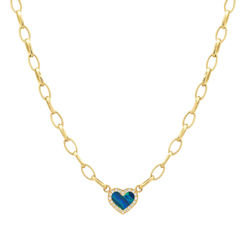 Small Edith Link Necklace with Opal Inlay Heart with Diamonds