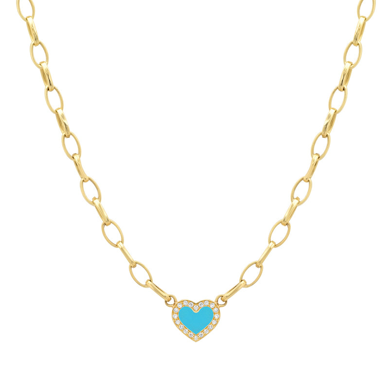 Small Edith Link Necklace with Turquoise Inlay Heart with Diamonds