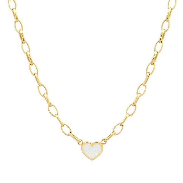 Small Edith Link Necklace with Mother Of Pearl Inlay Heart