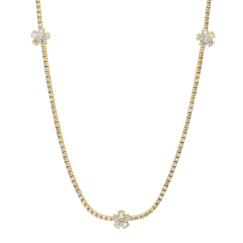 4-Prong Diamond Tennis Necklace with 3 Large Flower Accents