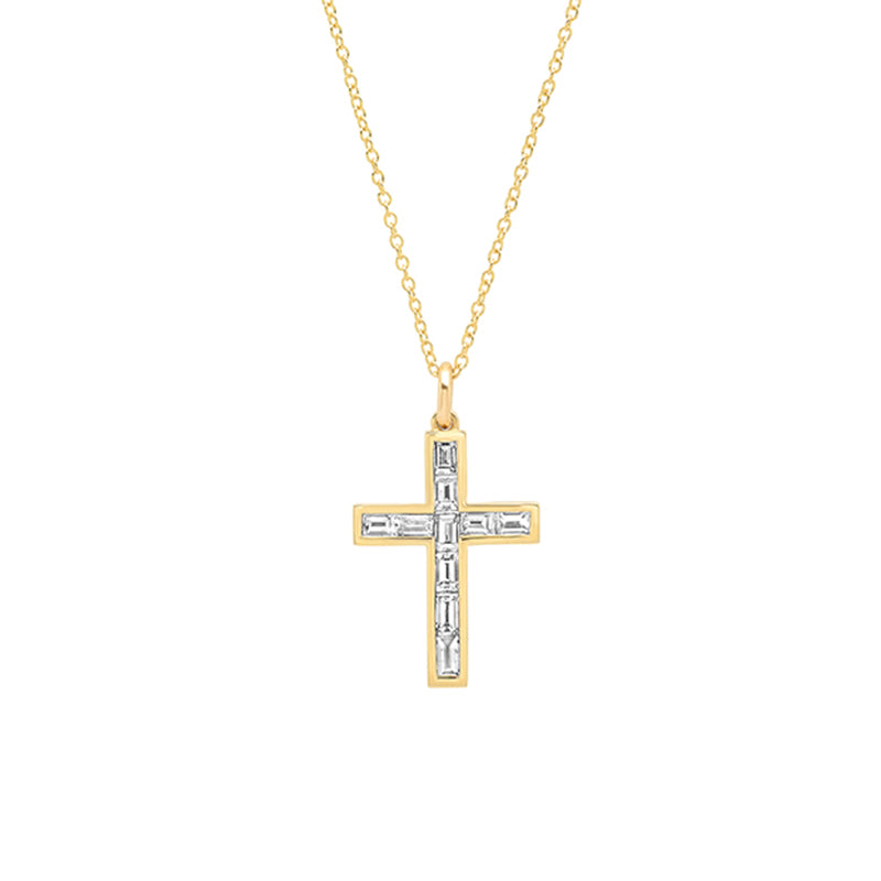 Channel Set Diamond Baguette Cross Necklace