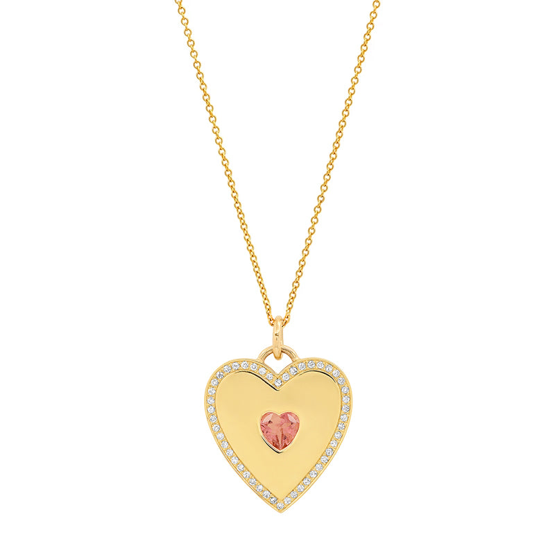 Heart Pendant Necklace with Pink Tourmaline Center and Diamonds