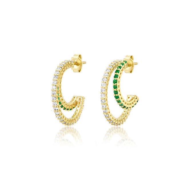 Small Double 4-Prong Diamond and Emerald Hoops