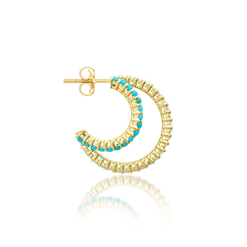 Small Double 4-Prong Diamond and Turquoise Hoops