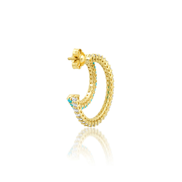 Small Double 4-Prong Diamond and Turquoise Hoops