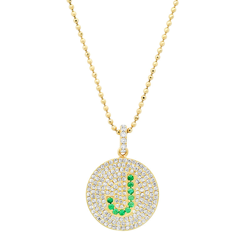 Diamond Disc with Emerald Letter Necklace