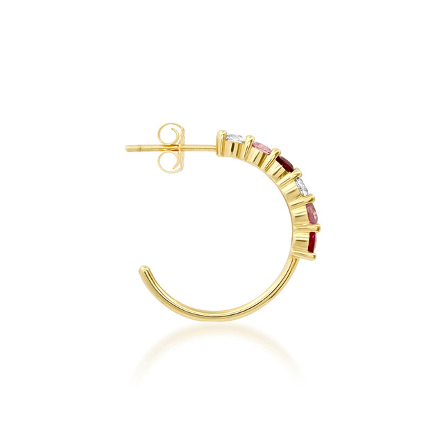 Small 4-Prong Diamond, Pink Sapphire, and Ruby Hoops
