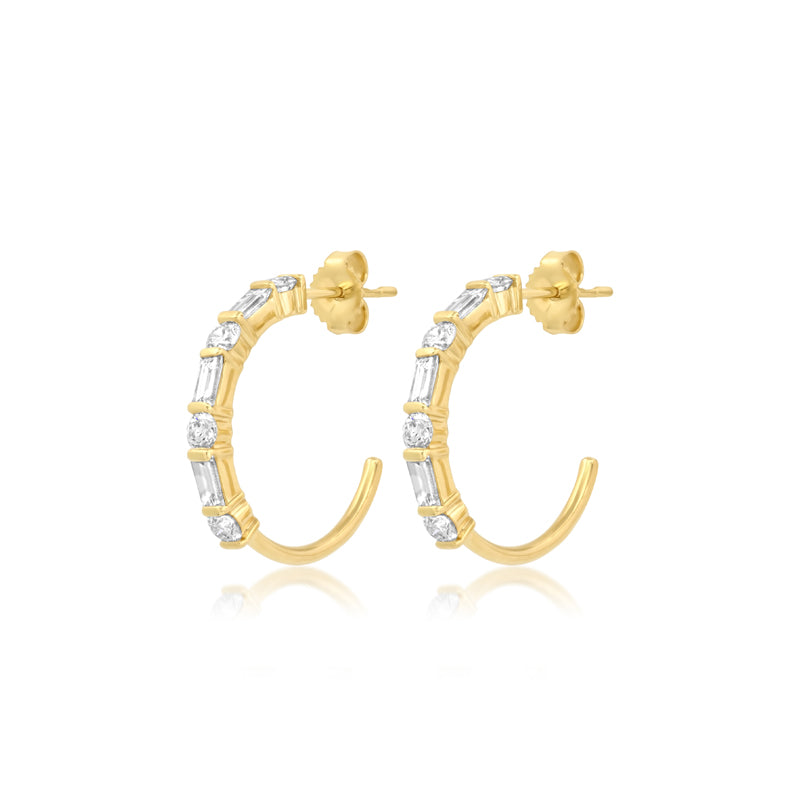 Baguette and Round Brilliant-Cut Diamond Hoops