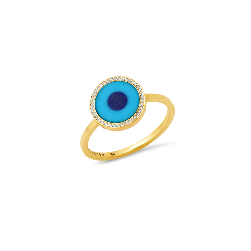 Mini Turquoise Inlay Evil Eye Ring with Diamonds