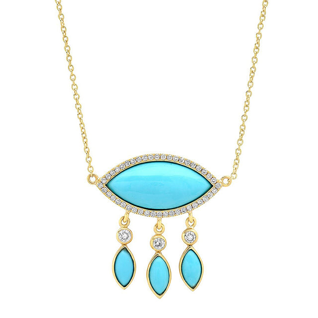 Large Turquoise Marquise Necklace with Diamonds and Turquoise Fringe