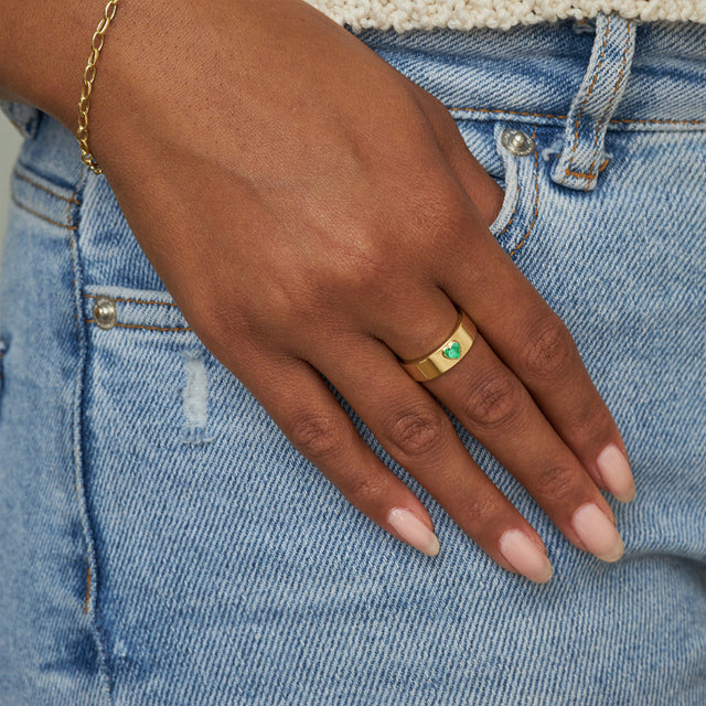 Wide Ellen Band with Heart-Cut Emerald Accent
