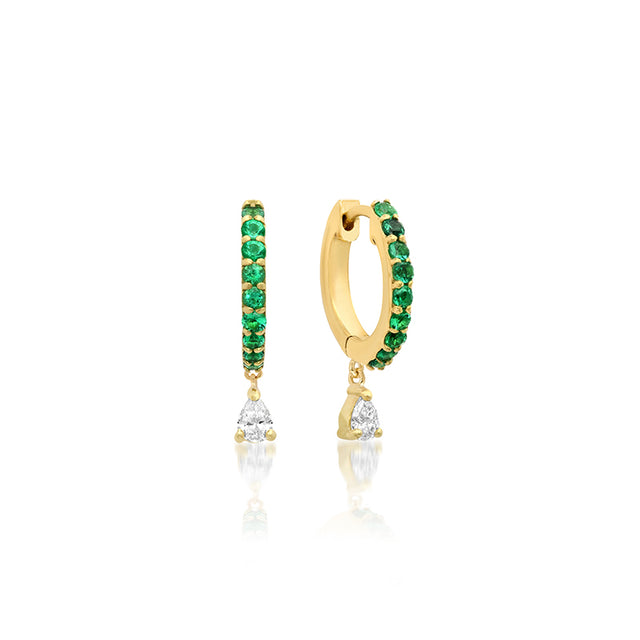 Emerald Huggies With Pear-Cut Diamond Drop