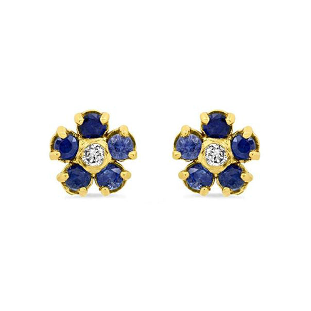 Large Blue Sapphire Flower Studs with Diamond Center