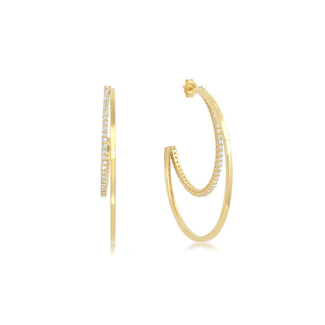Medium Double Hoops with 4-Prong Diamond Accent