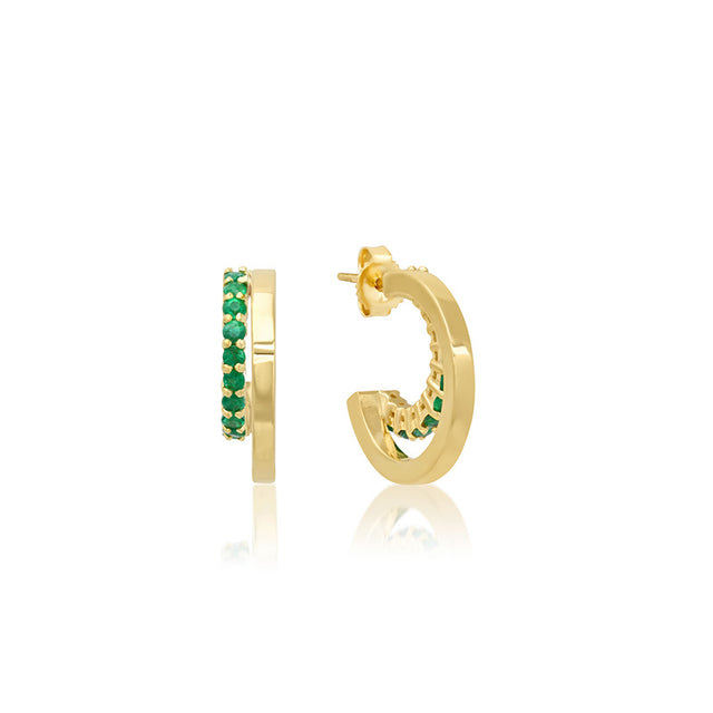 Mini Double Hoops with 4-Prong Emerald Accent