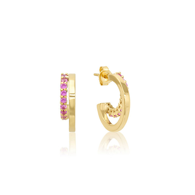 Mini Double Hoop with 4-Prong Pink Sapphire Accent