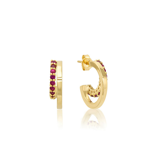 Mini Double Hoop with 4-Prong Ruby Accent