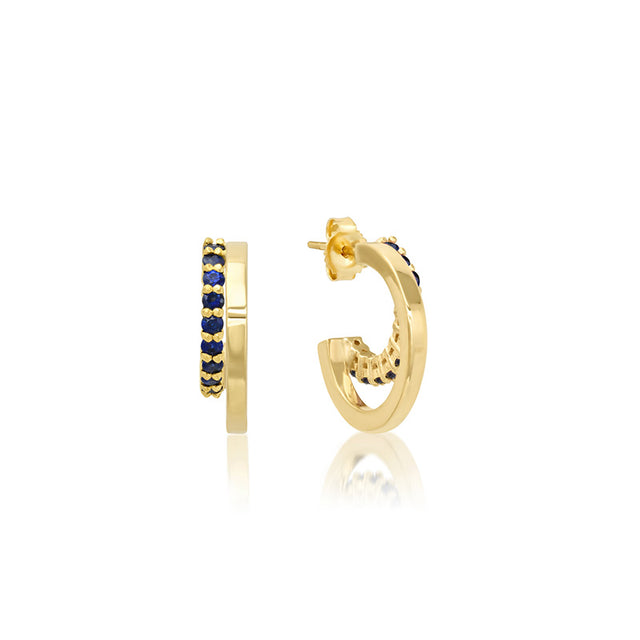Mini Double Hoops with 4-Prong Blue Sapphire Accent