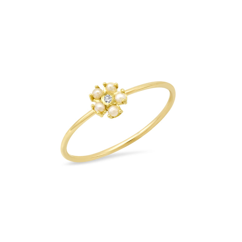 Pearl Flower Ring with Diamond Center